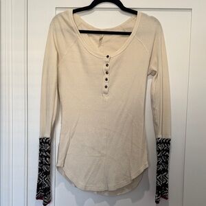 Free People Cream Henley Thermal Top with Patterned Black Cuffs
